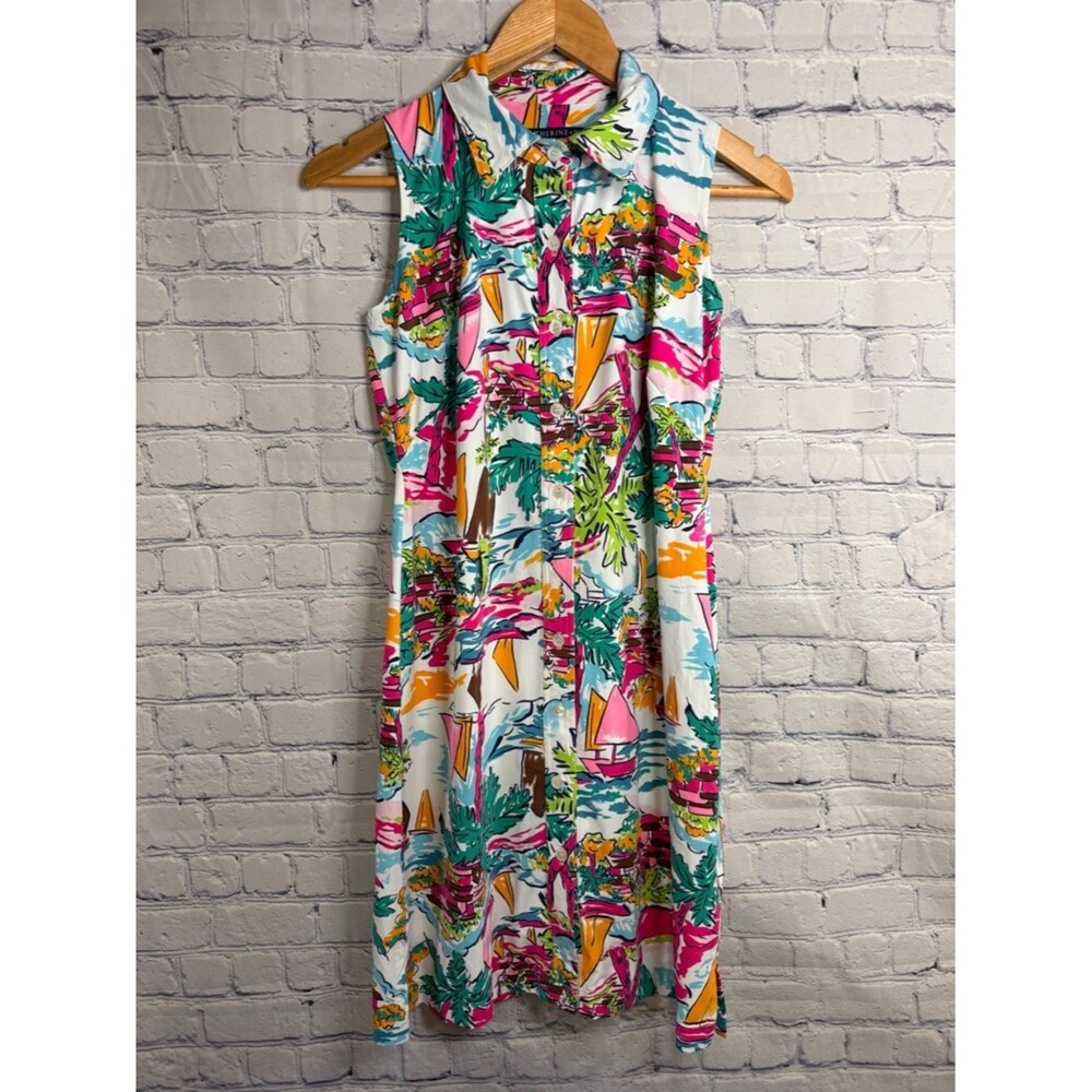 Katherine Way Pink Orange Teal Tropical Sleeveless Button Up Shirt Dress XS